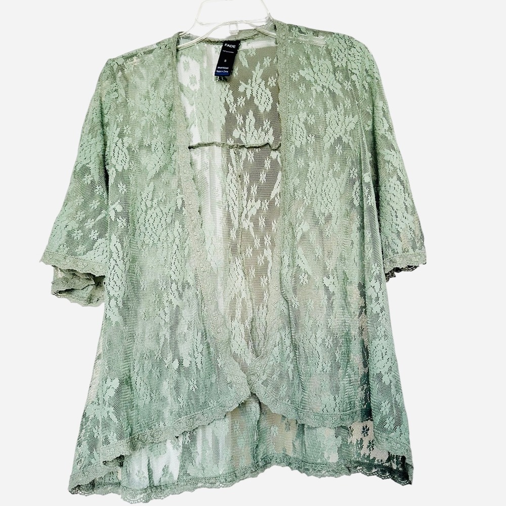 FADE Womens Sage Green Floral Lace Open Front Cardigan Bell Sleeve S‎ Fairycore